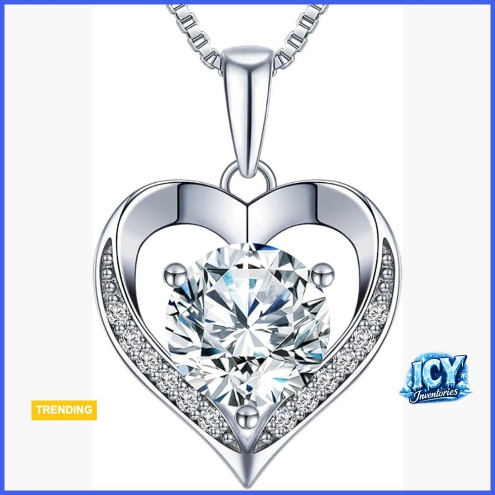 Sterling Silver Heart Pendant Necklace with Moissanite, Engraved I LOVE YOU